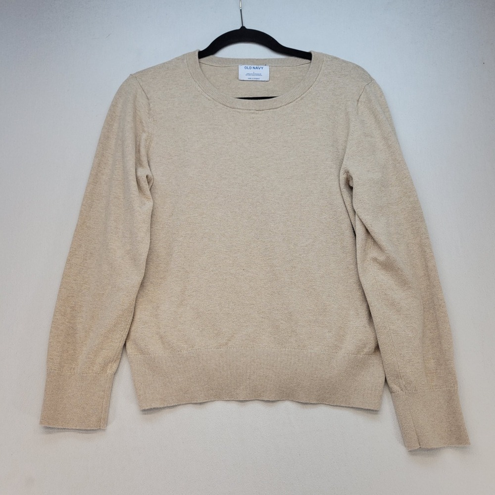 Old Navy Sweater Womens Large Beige Classic Crewneck Ribbed Trim Long Sleeve